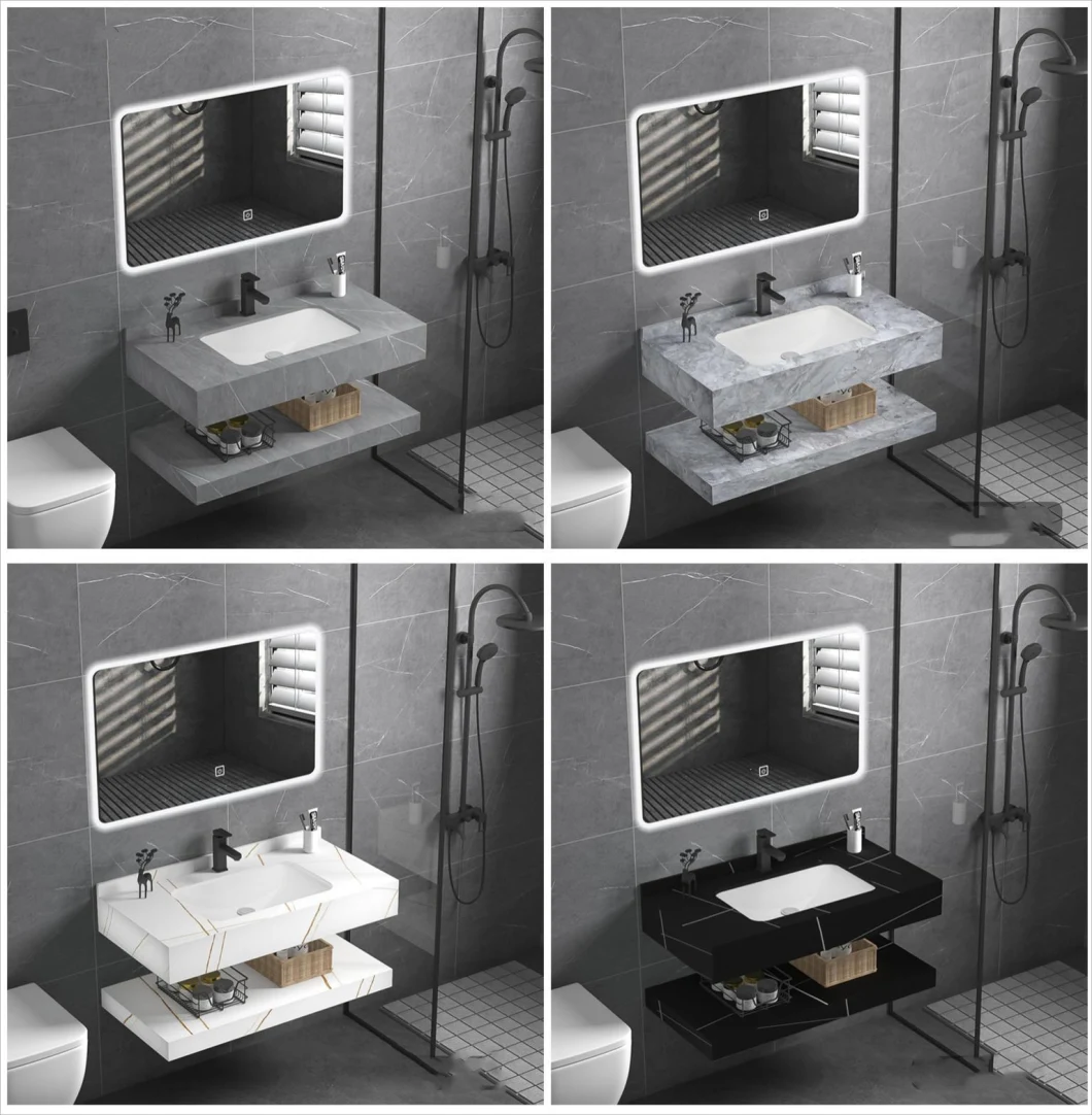 Rock Slab Multi Layer Solid Surface Wash Sink Bathroom Vanity Wash Basin Cabinet with LED Mirror