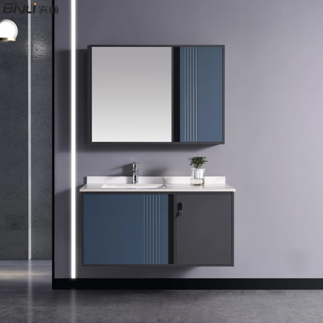 Premium Quality Bathroom Wooden Furniture Set Blue Lacquer Wall Hung Vanity Cabinet with LED Light Mirror