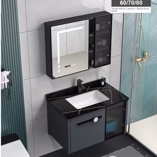 Lavabo in lamiera di roccia con superficie solida multistrato, mobiletto da bagno con specchio a LED