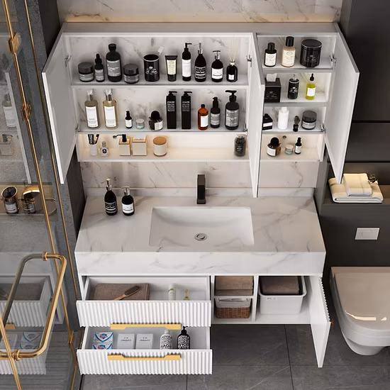 Mobile lavabo moderno, linee dorate, mobiletto sospeso, mobiletto lavabo singolo, mobiletto lavabo da bagno in marmo con specchio, luci e lavandino