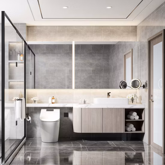 Set di mobili da bagno in legno di alta qualità, mobile lavabo sospeso verniciato di blu con specchio illuminato a LED
